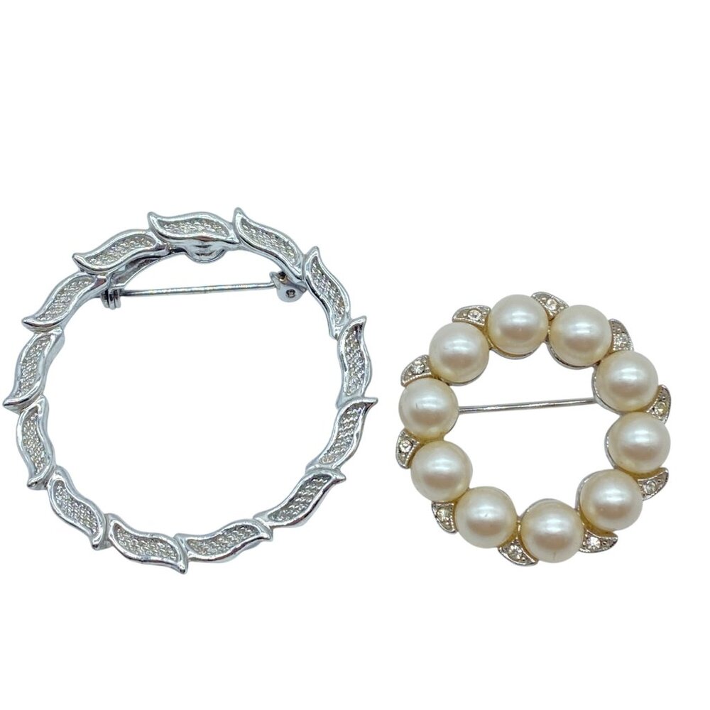 Vintage Circle Brooch Pair W/ Faux Pearl Rhinestone Silver Tone Gerry Set of 2